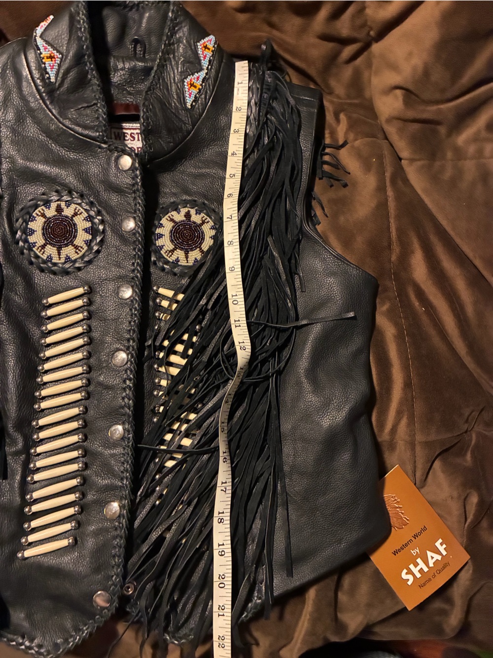 Western-Inspired Black Leather Fringe Vest with Beaded Accents, large, new - Picture 14 of 14